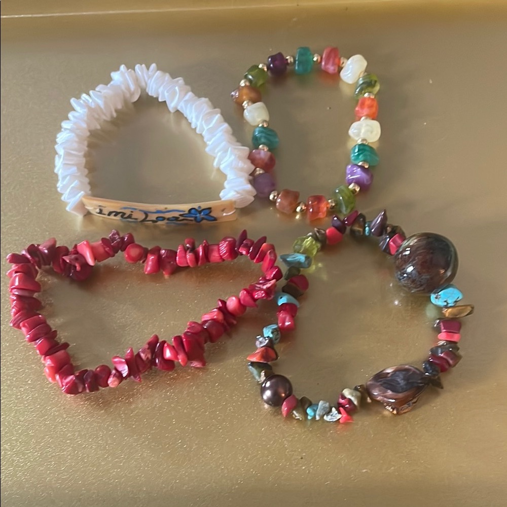 Colorful Beaded Rock Stretch Bracelet Set, Red, White, Multicolored Beads